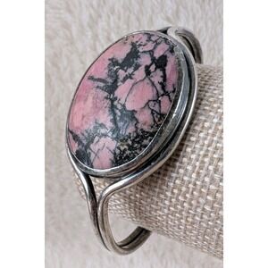 Vintage Sterling Silver Rhodonite Cuff Bracelet 38.1g Pink Black Stone Artisan